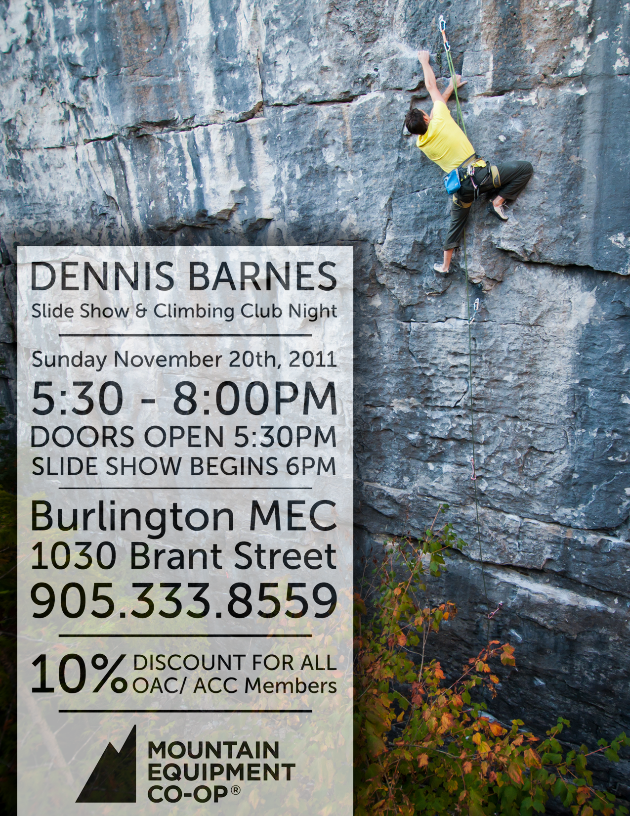 10% off at MEC Burlington on Nov 20th + Dennis Barnes slide show!