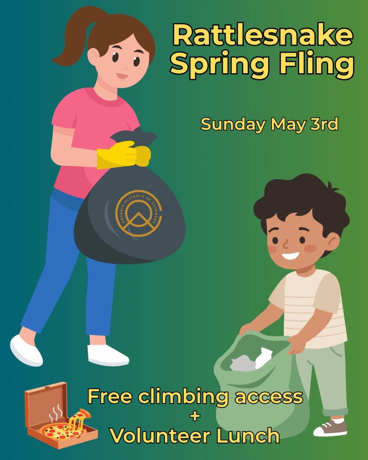 The OAC Rattlesnake Spring Fling is back!

The Spring Fling is a day spent contributing to crag maintenance and strengthening our relationship with @conservationhalton .  We’ll spend the morning picking up trash, celebrate our hard work with lunch, and then spend the afternoon climbing.  Register now to participate in this day of giving back to the climbing community!

Sunday, May 3rd, we’ll be picking up trash at two crags just like last year – Rattlesnake Point, and Mount Nemo!

We're also happy to announce that @ontarioresoles will be donating to support this year's Spring Fling!  Be the volunteer to pick up the most trash, and win a free half resole and rand repair!! 🏆

Come join us in this day of giving back, meet some new climbing friends, and enjoy the sunshine!  This event is open to all ages — and yes, we can sign volunteer forms for anyone trying to log volunteer hours 😊

Register at the link in our bio 🔗

#ontario #climbing #volunteer #springfling